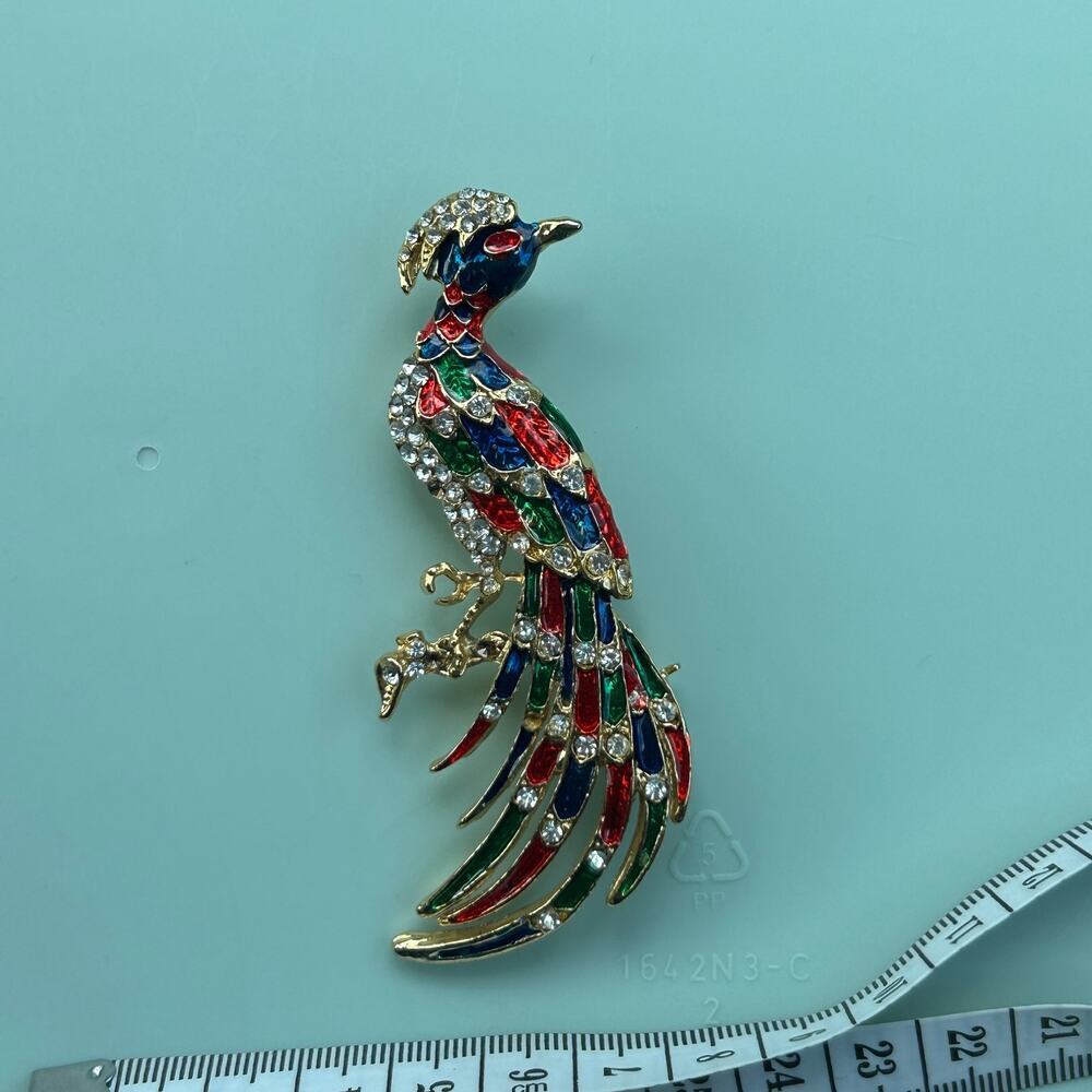 Vintage Multi-Colored Enamel Peacock Brooch Gold-Tone Rhinestone Bird Pin - Picture 3 of 10